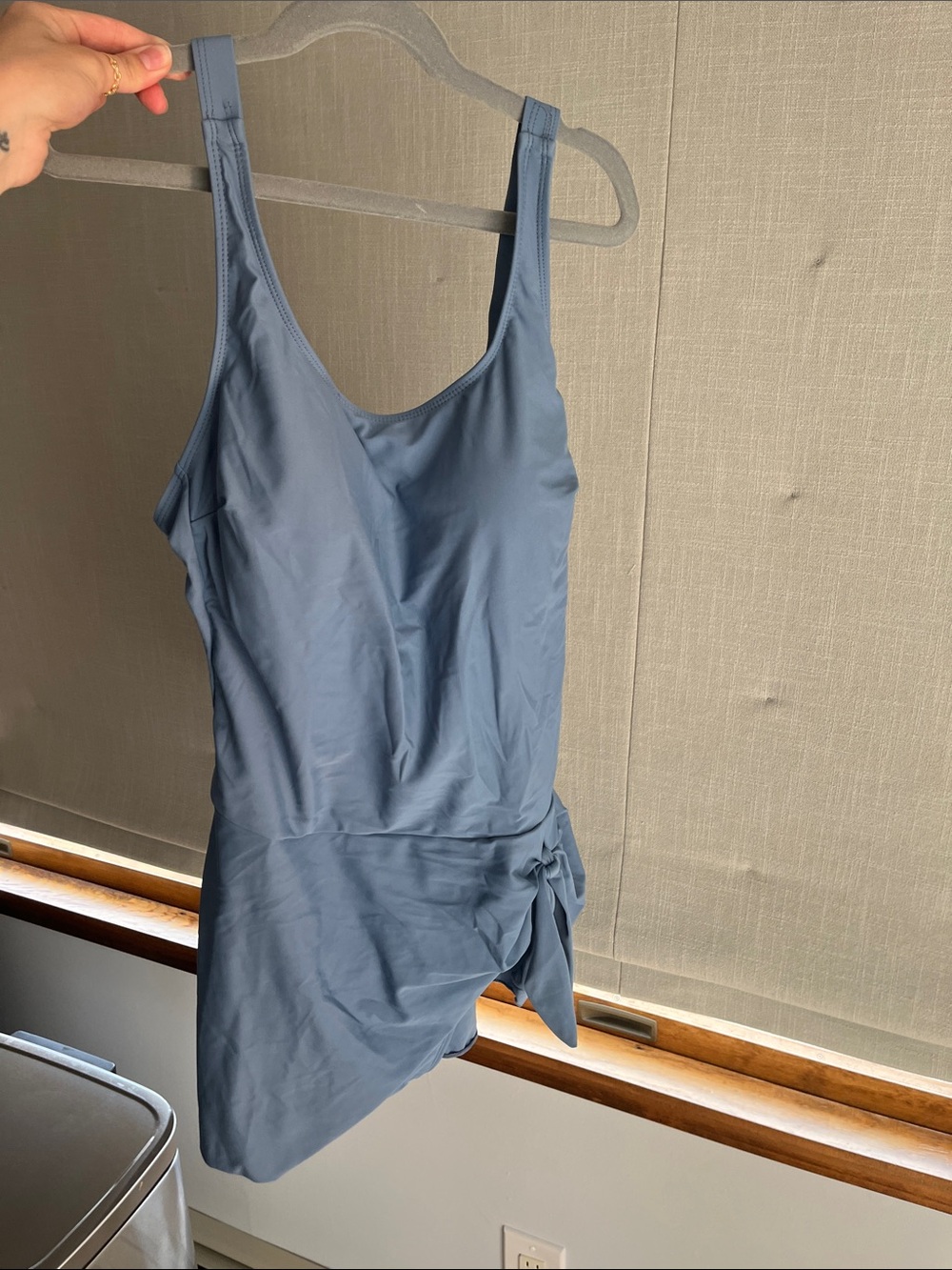 Scoop Neck Slate Blue One-Piece Swim Dress with Side Tie